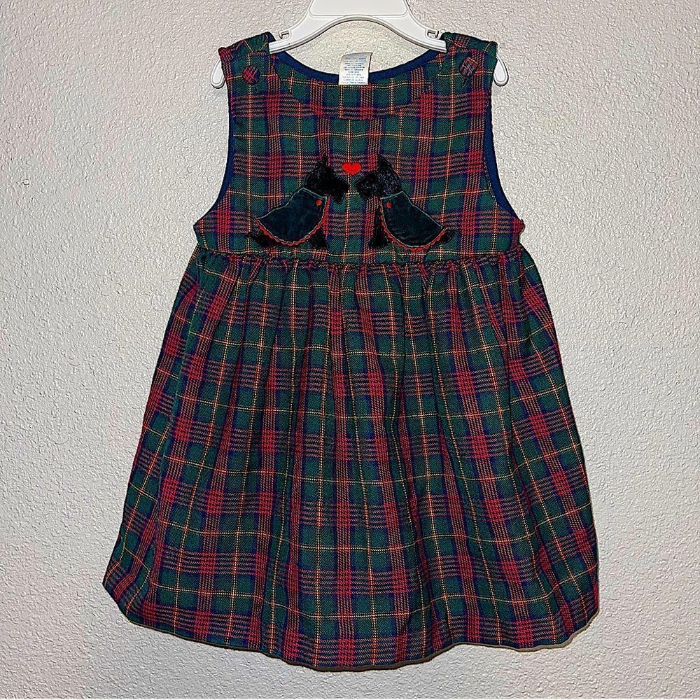 Girls Red Green Plaid Apron Dress With Velvet Scotty Dog Appliqués Size 4T EUC